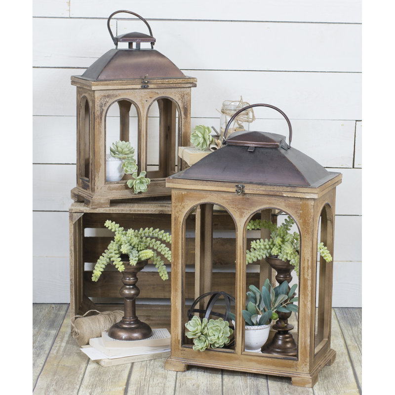 Ophelia & Co. 2 Piece Metal and Wood Lantern Set Wayfair